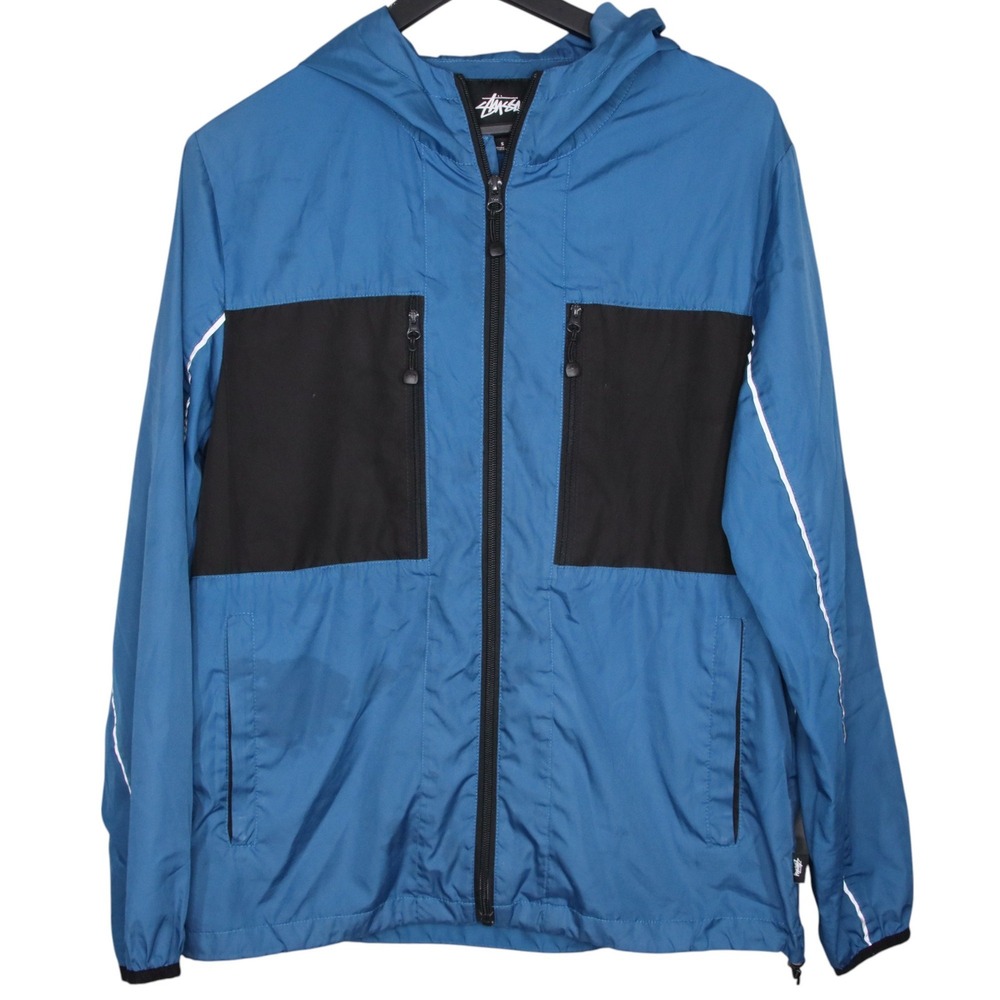 Stussy Mens Size S Windbreaker Jacket Hooded Lightweight Blue Black Athleisure